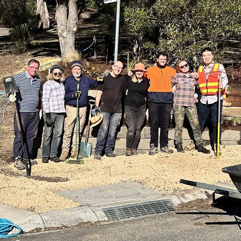 Landcare team & some gelpers from Moorabool Shite at the native garden beds in the Blackwood Town center
